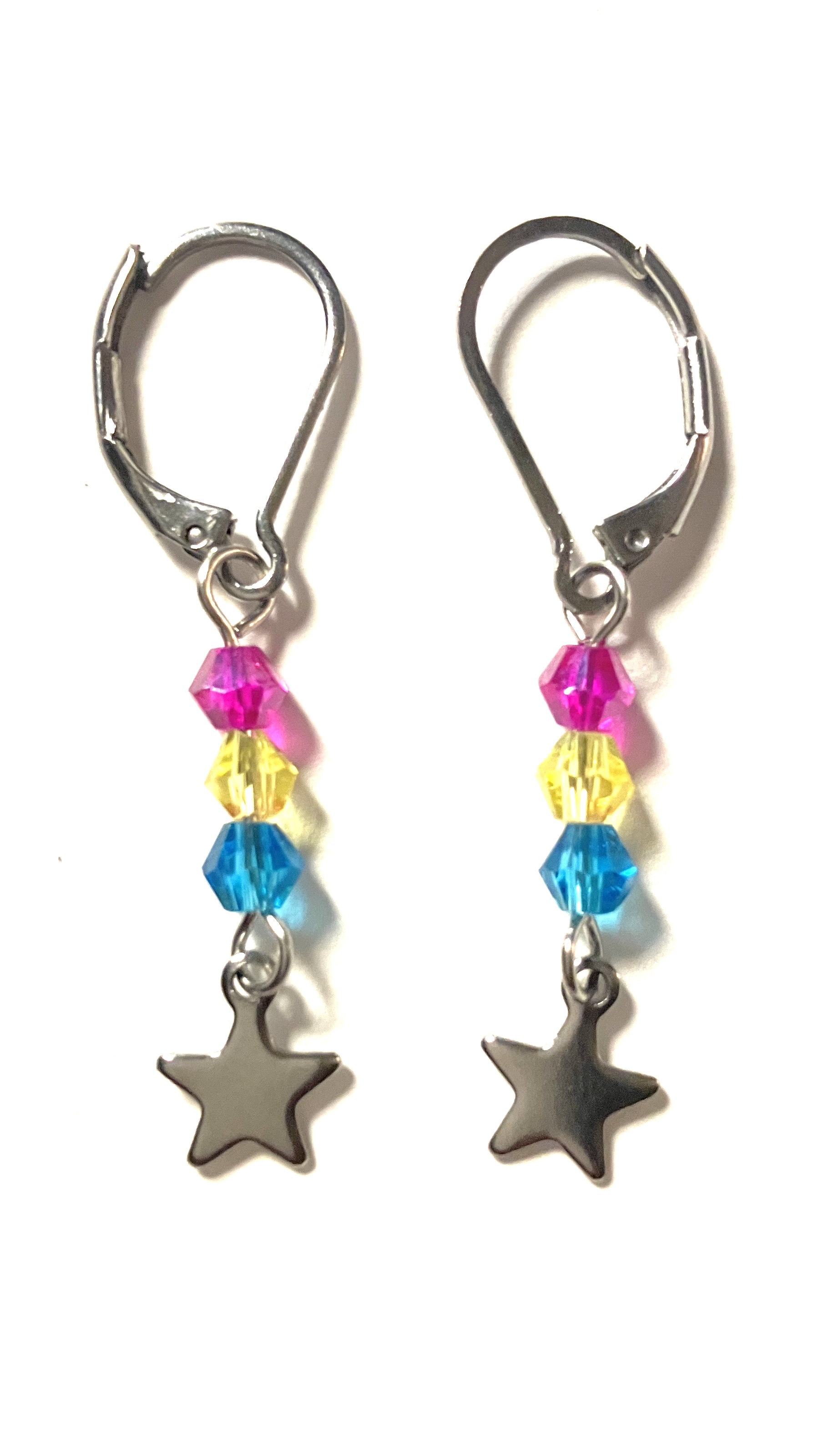 4mm bicone earrings of the pansexual pride flag.