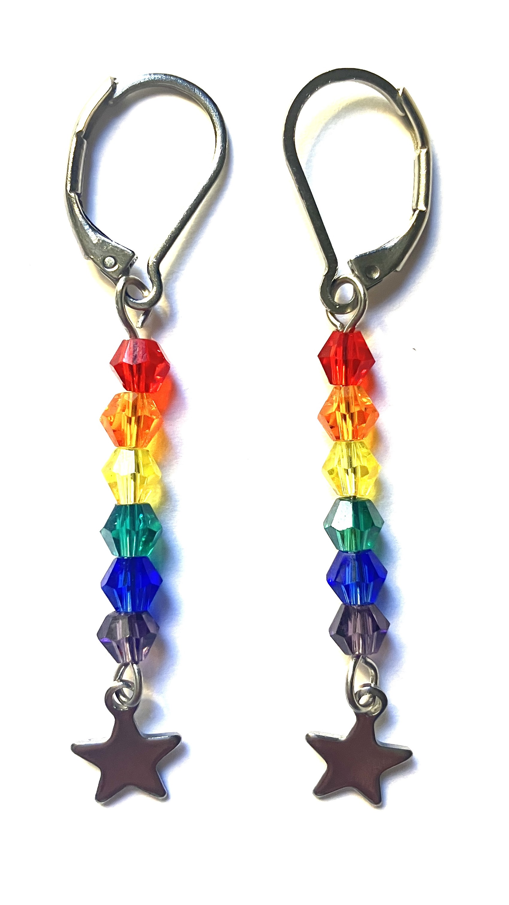 4mm bicone bead earrings of the seven-striped rainbow flag.