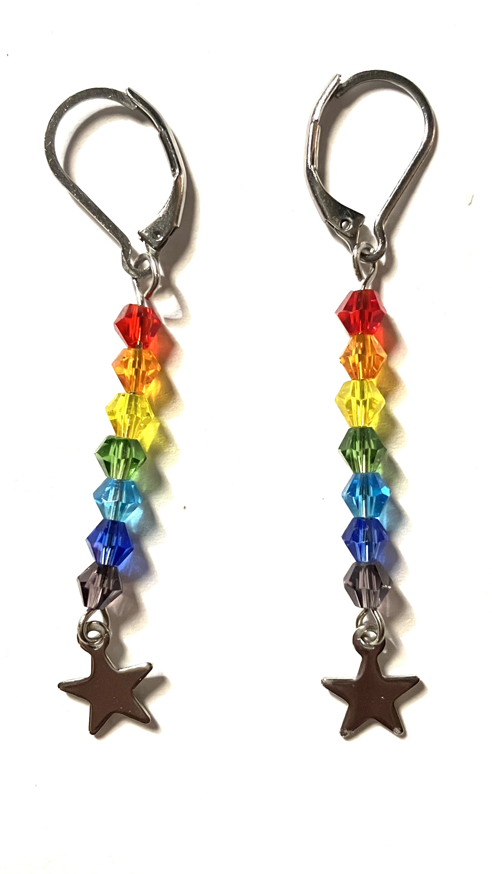 4mm bicone bead earrings of the seven-striped rainbow flag.