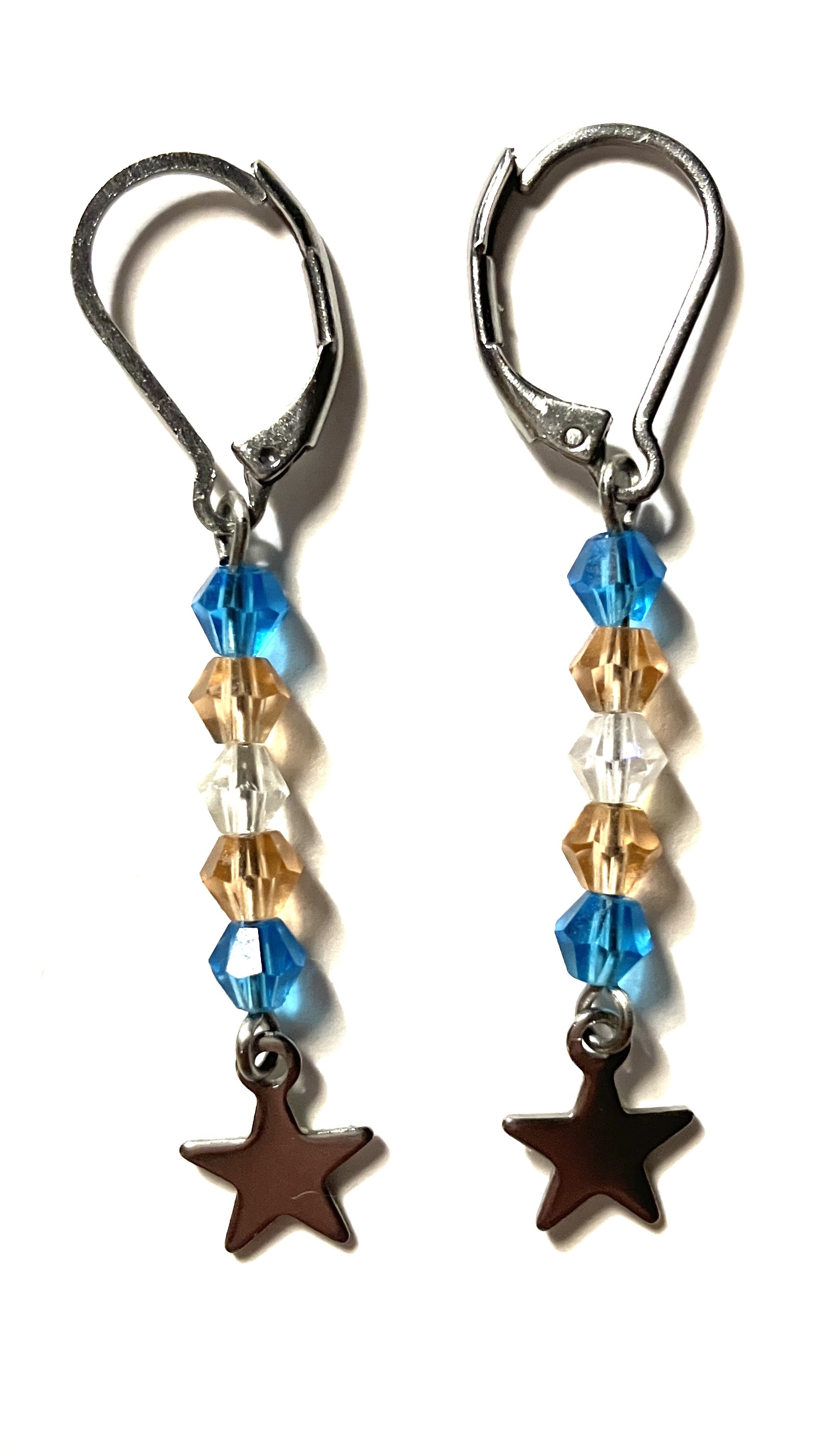 4mm bicone earrings of the full transgender pride flag.